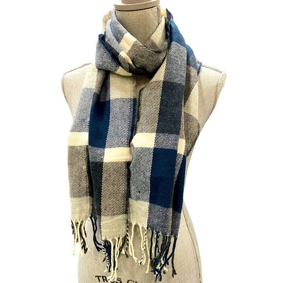 J. Crew Scarf Wrap Womens Unisex Blue Tan Plaid Check Knit Tartan Preppy - Picture 2 of 5
